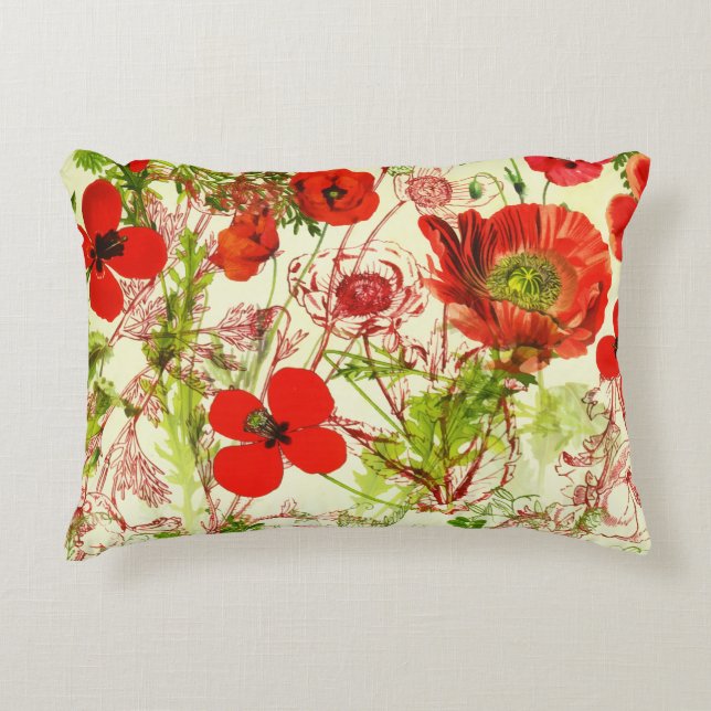 Vintage Red Green Poppies Summer Wildflowers Accent Pillow (Front)