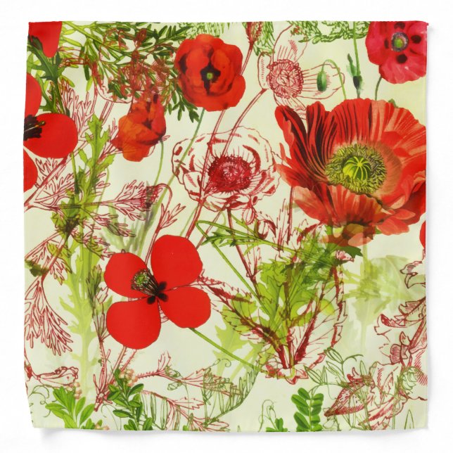 Vintage Red Green Poppies Summer Wildflowers Bandana (Front)