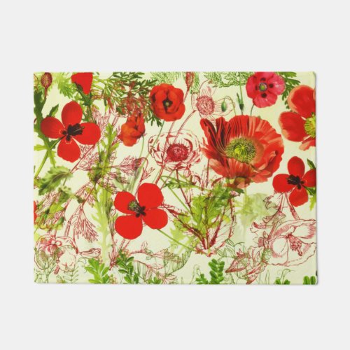 Vintage Red Green Poppies Summer Wildflowers Doormat