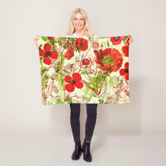 Vintage Red Green Poppies Summer Wildflowers Fleece Blanket (In Situ)