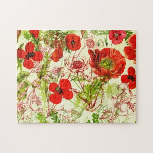 Vintage Red Green Poppies Summer Wildflowers Jigsaw Puzzle