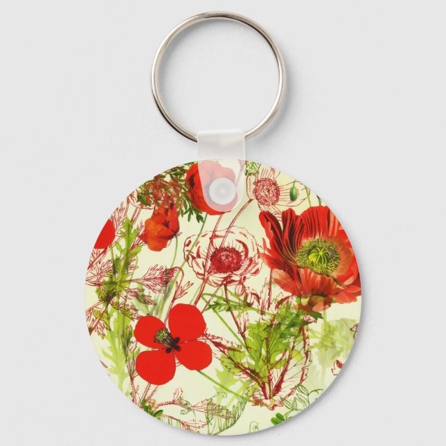 Vintage Red Green Poppies Summer Wildflowers Keychain (Front)