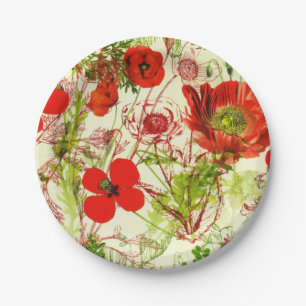Vintage Red Green Poppies Summer Wildflowers Paper Plates