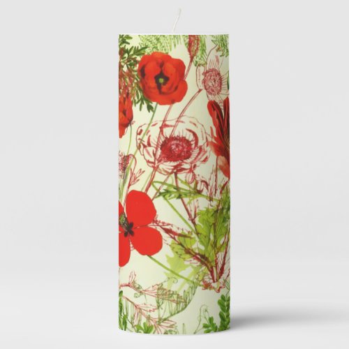 Vintage Red Green Poppies Summer Wildflowers Pillar Candle