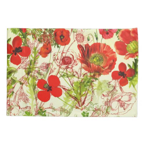 Vintage Red Green Poppies Summer Wildflowers Pillow Case