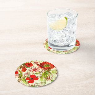 Vintage Red Green Poppies Summer Wildflowers Round Paper Coaster
