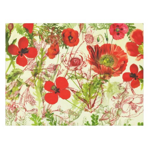 Vintage Red Green Poppies Summer Wildflowers Tablecloth