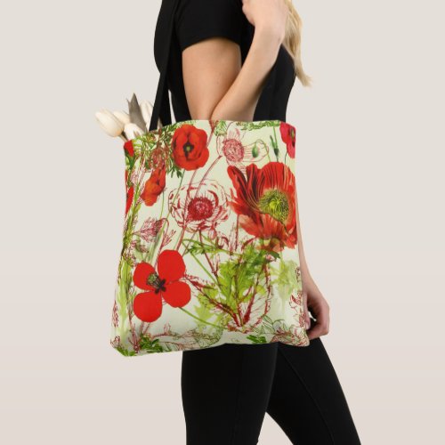 Vintage Red Green Poppies Summer Wildflowers Tote Bag