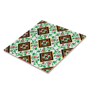 Vintage Red Green White Barcelona Floral Ceramic Tile