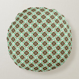 Vintage Red Green White Barcelona Floral Pattern Round Pillow