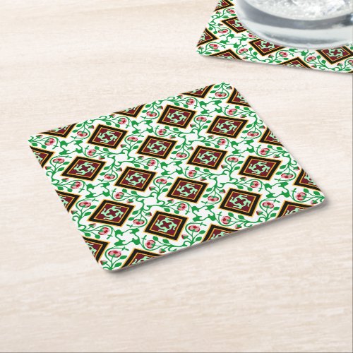 Vintage Red Green White Barcelona Floral Square Paper Coaster