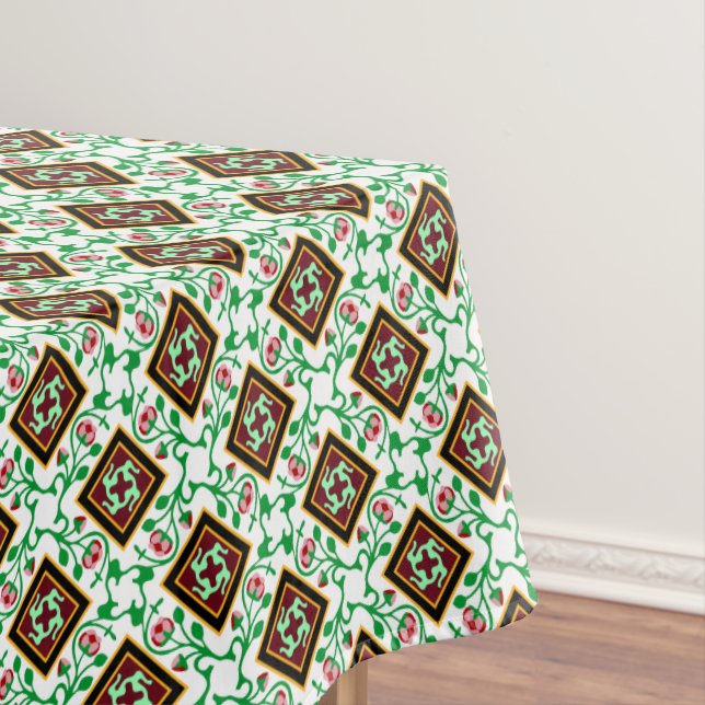 Vintage Red Green White Barcelona Floral Tablecloth (In Situ)