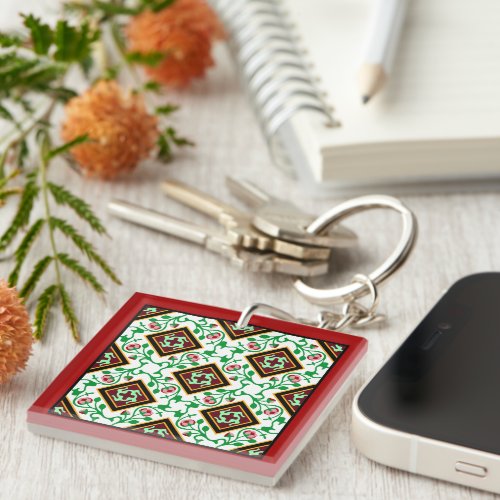 Vintage Red Green White Barcelona Floral Vector Keychain