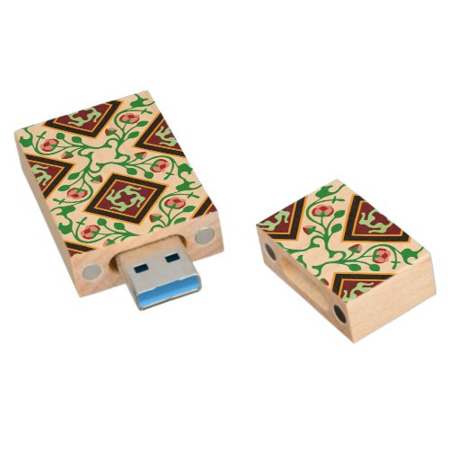 Vintage Red Green White Barcelona Floral Wood Flash Drive