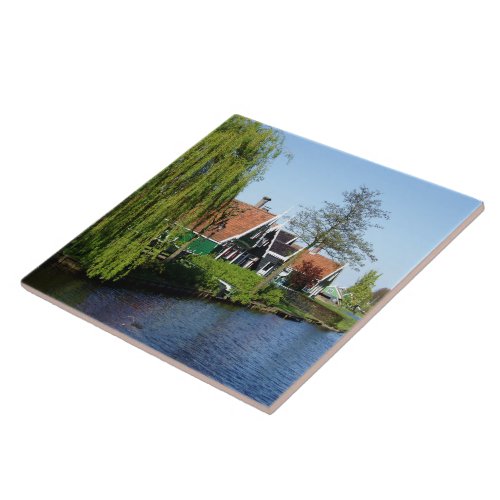 Vintage Red Green Zaan Schans Dutch Timber Houses Ceramic Tile