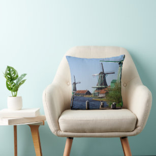 Vintage Red Green Zaanse Schans Dutch Windmills Throw Pillow