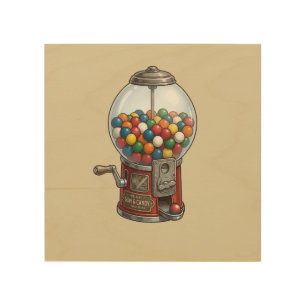 Vintage Red Gumball Machine and Colorful Candies Wood Wall Art