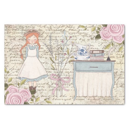 Vintage Red Hair Girl Roses Old Letter Decoupage Tissue Paper