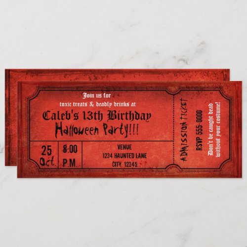Vintage Red Halloween Birthday Party Ticket Invitation