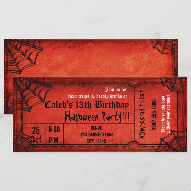 Vintage Red Halloween Party Spiderwebs Ticket Invitation (Front/Back)