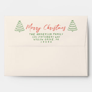 Vintage Red Hand Written Tree Merry Christmas Envelope