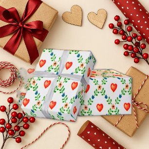 Vintage Red Heart Floral Cross-Stitch Wrapping Paper