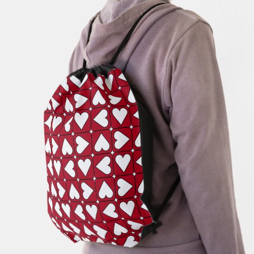 Vintage Red Hearts Decorative Design Drawstring Bag