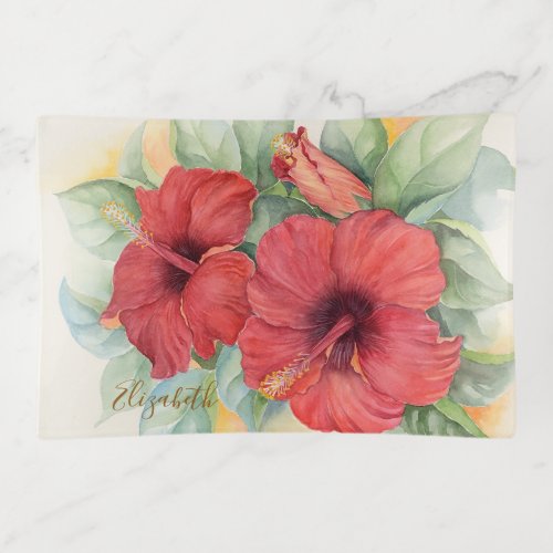 Vintage Red Hibiscus Floral Name Gold Watercolor Trinket Tray