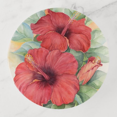 Vintage Red Hibiscus Floral Watercolor Round Trinket Tray