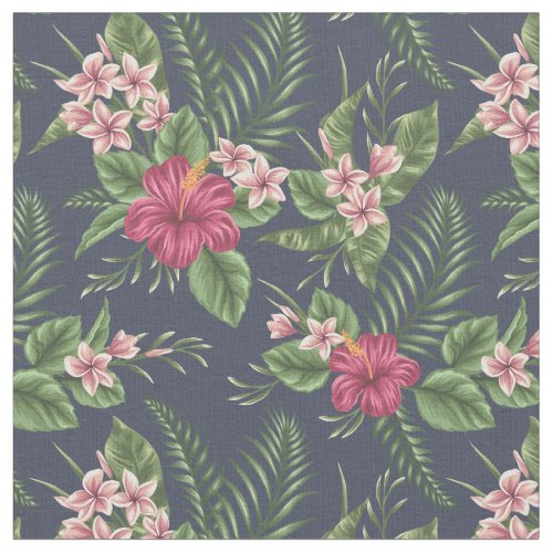 Vintage Red Hibiscus Flower and Leaves Fabric