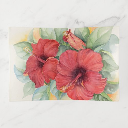 Vintage Red Hibiscus Flowers Watercolor Floral Trinket Tray