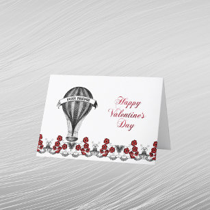 Vintage Red Hot Air Balloon Valentine Holiday Card