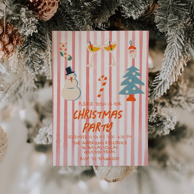 Vintage Red Illustrated Christmas Party Striped Invitation (Creator Uploaded)