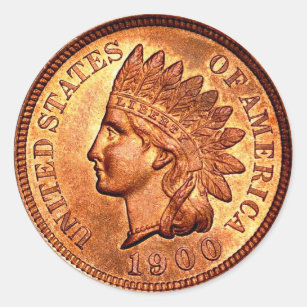 Vintage Red Indian Head Penny 1 Cent 1900 Classic Round Sticker