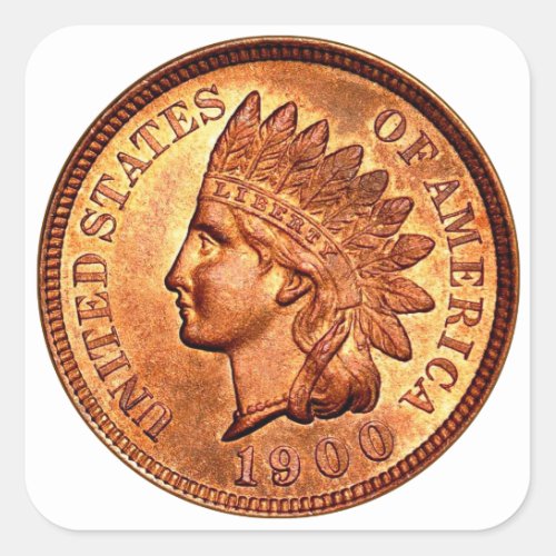 Vintage Red Indian Head Penny 1 Cent 1900 Square Sticker