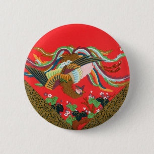 Vintage Red Japanese Phoenix Bird Art G.A. Audsley Button