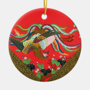 Vintage Red Japanese Phoenix Bird Art G.A. Audsley Ceramic Ornament