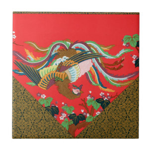 Vintage Red Japanese Phoenix Bird Art G.A. Audsley Ceramic Tile