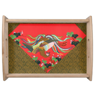 Vintage Red Japanese Phoenix Bird Art G.A. Audsley Serving Tray