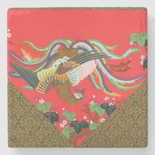 Vintage Red Japanese Phoenix Bird Art G.A. Audsley Stone Coaster