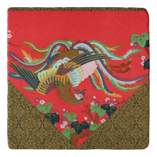 Vintage Red Japanese Phoenix Bird Art G.A. Audsley Trivet