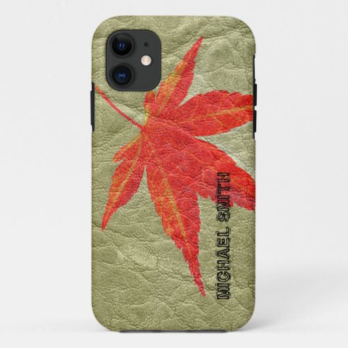 Vintage Red Leaf on Leather iPhone 11 Case