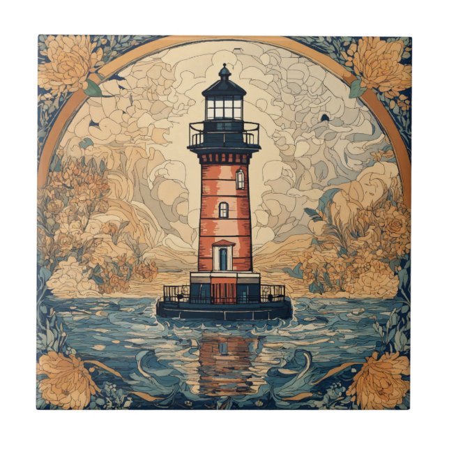 Vintage Red Lighthouse Ceramic Tile (Front)