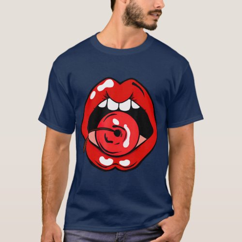 Vintage Red Lips biting Cherry graphic T_Shirt