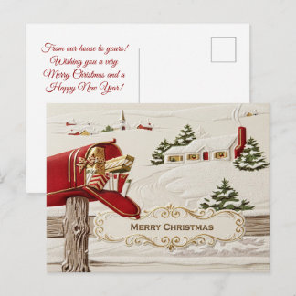 Vintage Red Mailbox Winter Village Postcard