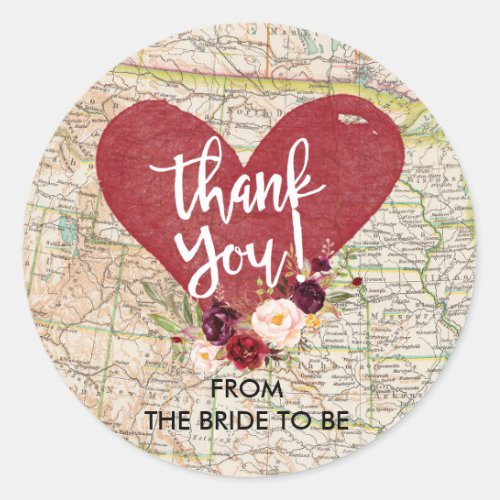 Vintage Red Marsala Floral Map Thank You Sticker