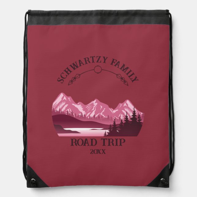 Vintage Red Mountain Lake Sunset Drawstring Bag (Front)
