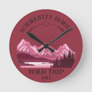 Vintage Red Mountain Lake Sunset Round Clock