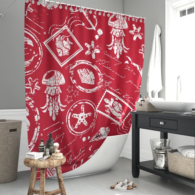 Vintage Red Nautical Sea Stamp Shower Curtain (Creator Uploaded)