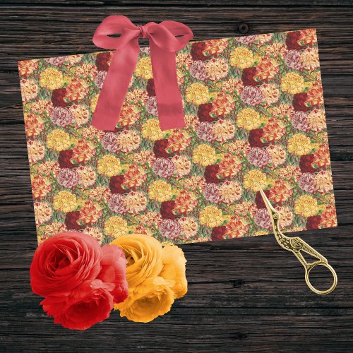 Vintage Red Orange and Gold Ruffled Carnations Tissue Paper